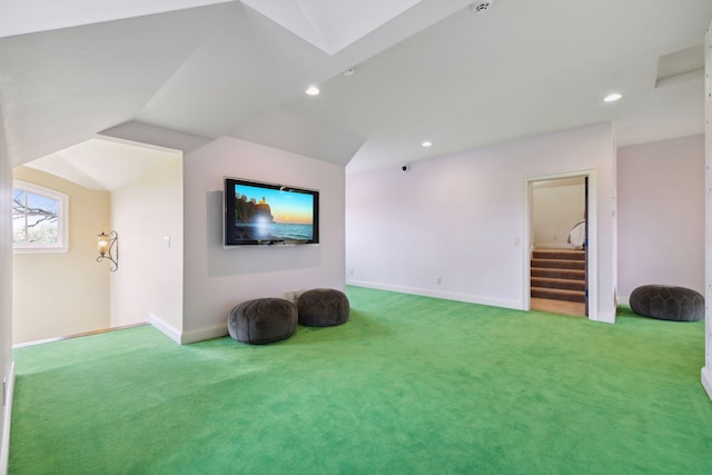 interior space with recessed lighting, carpet, lofted ceiling, and stairway