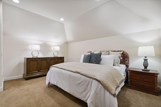 bedroom with recessed lighting, baseboards, vaulted ceiling, and light carpet