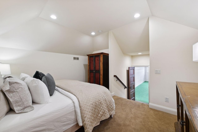 bedroom featuring visible vents, recessed lighting, carpet floors, and lofted ceiling