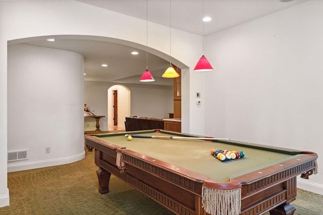 rec room with visible vents, arched walkways, pool table, baseboards, and carpet floors