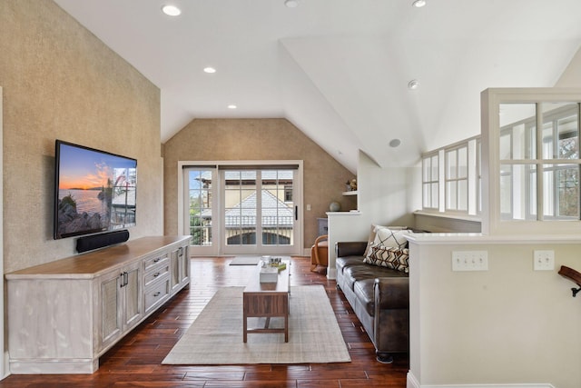 living area featuring recessed lighting, dark wood-style flooring, lofted ceiling, and a wealth of natural light