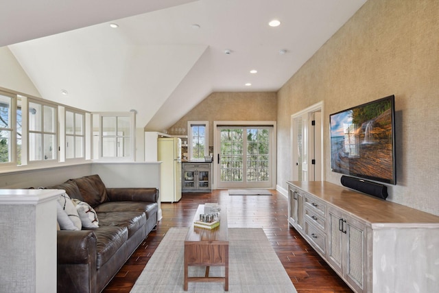 living area with recessed lighting, dark wood-style flooring, and vaulted ceiling