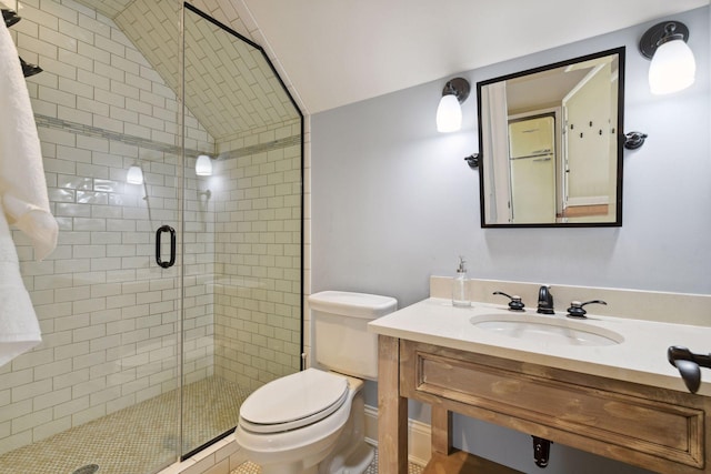 full bathroom with vanity, toilet, vaulted ceiling, and a stall shower