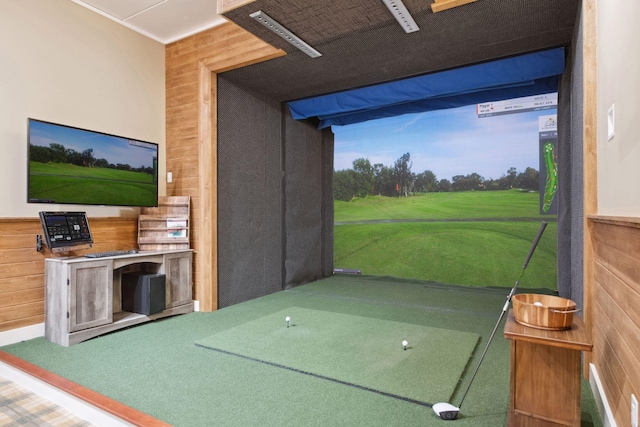 interior space with golf simulator and wood walls