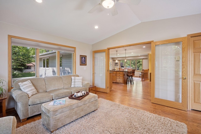 220 Willow Ln, Foley, MN 56329 - living area featuring light wood-style floors, vaulted ceiling, ceiling fan, french doors, and recessed lighting