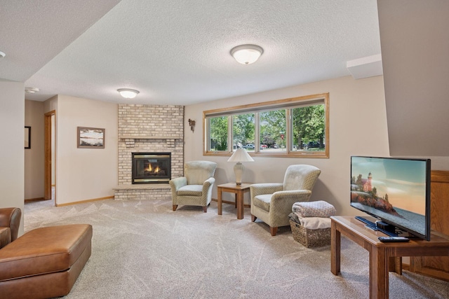 220 Willow Ln, Foley, MN 56329 - carpeted living area with a textured ceiling and a fireplace