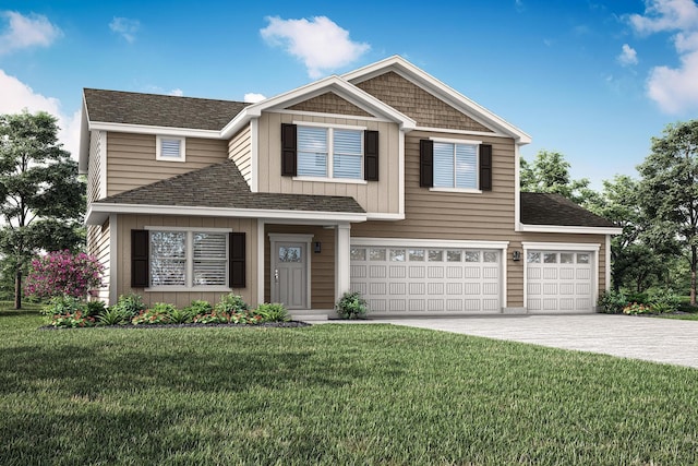 view of front of house with an attached garage, roof with shingles, a front yard, and concrete driveway