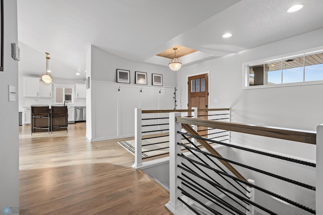 3682 Merrifield Dr S, Fargo, ND 58104 - hallway featuring an upstairs landing, light wood-style floors, and recessed lighting