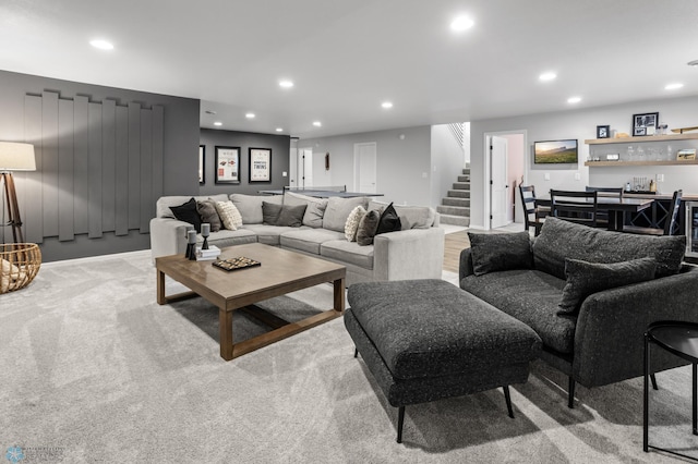 3682 Merrifield Dr S, Fargo, ND 58104 - living area with wet bar, stairway, recessed lighting, and light colored carpet
