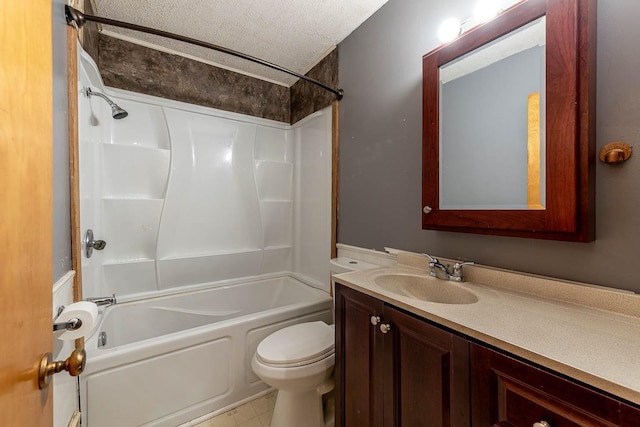 full bath with vanity, a textured ceiling, shower / bathing tub combination, and toilet