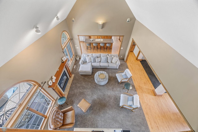 living room with a towering ceiling
