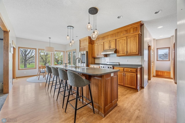 kitchen featuring dark countertops, stove, light wood-type flooring, and under cabinet range hood