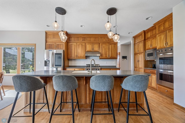 kitchen with dark countertops, an island with sink, light wood-type flooring, under cabinet range hood, and stainless steel appliances