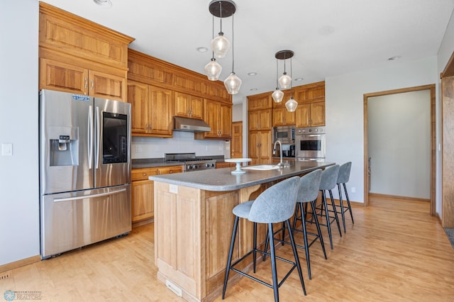 kitchen featuring dark countertops, a sink, stainless steel appliances, light wood-type flooring, and under cabinet range hood
