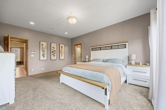 bedroom with carpet flooring, recessed lighting, and baseboards