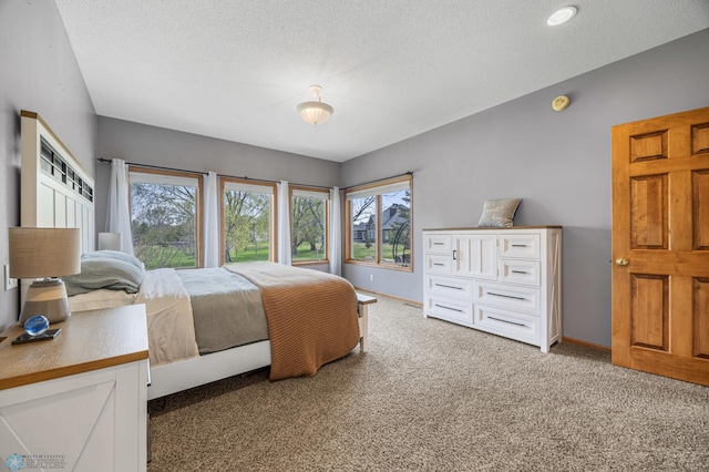 bedroom featuring light colored carpet, a textured ceiling, baseboards, and multiple windows