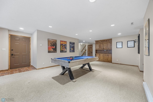 playroom with visible vents, pool table, baseboards, light carpet, and recessed lighting