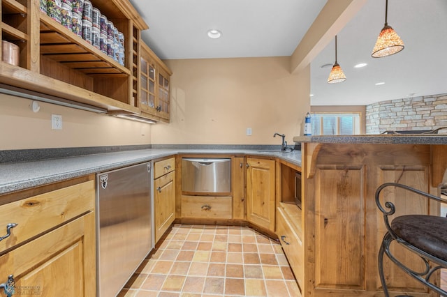 kitchen featuring open shelves, a sink, dishwasher, refrigerator, and pendant lighting