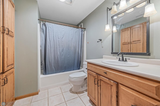 full bath with vanity, tile patterned floors, shower / bath combination with curtain, and toilet