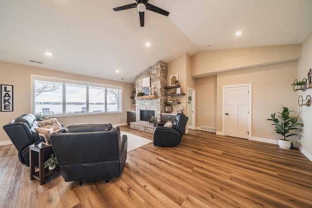 17292 Boyer Lake Rd, Lake Park, MN 56554 - living room featuring ceiling fan, visible vents, wood finished floors, and a fireplace