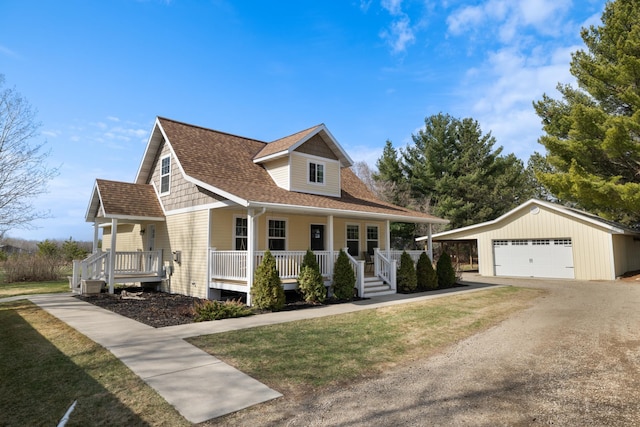 view of front of property with a detached garage, an outdoor structure, a shingled roof, and a porch