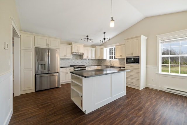 kitchen featuring under cabinet range hood, decorative backsplash, appliances with stainless steel finishes, and dark wood-style floors