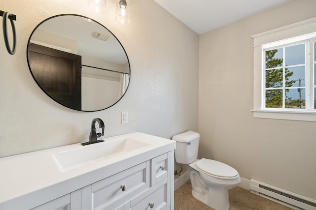full bathroom featuring baseboards, a baseboard radiator, toilet, and vanity