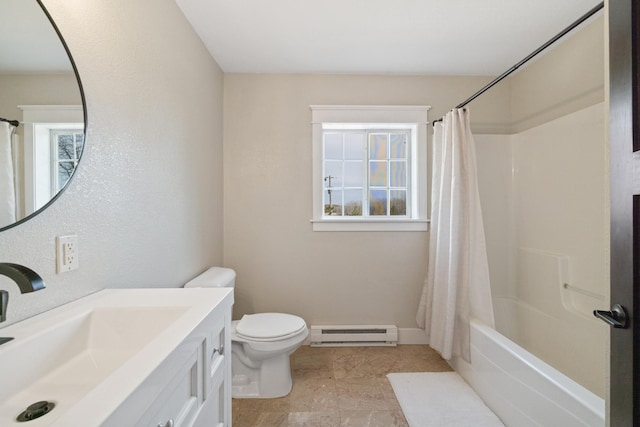 bathroom with vanity, toilet, shower / bathtub combination with curtain, baseboards, and a baseboard heating unit