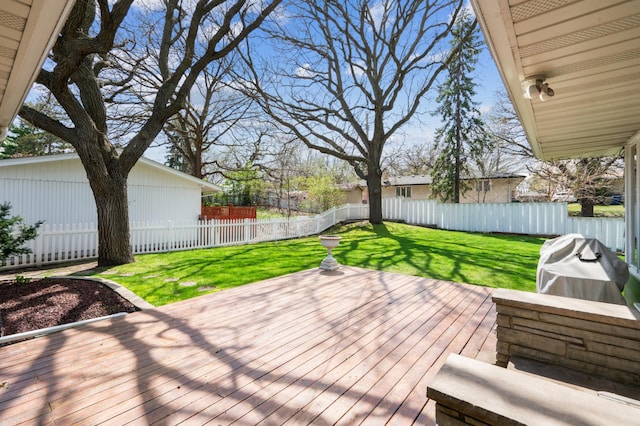 wooden terrace with a fenced backyard and a yard