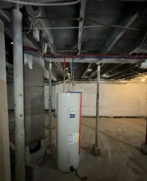 unfinished basement featuring electric water heater
