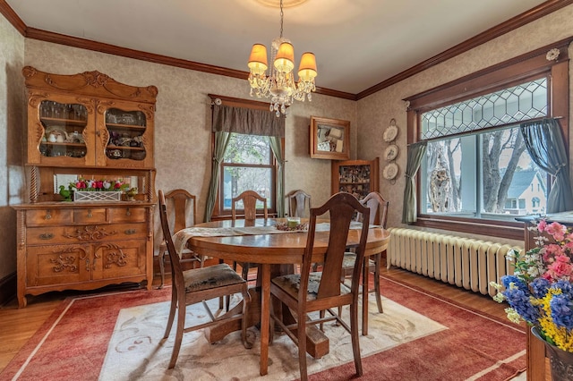 dining area with an inviting chandelier, wood finished floors, and radiator
