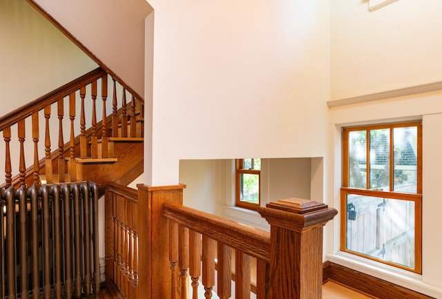 1043 Lincoln Ave, Saint Paul, MN 55105 - stairway with healthy amount of natural light, a towering ceiling, radiator, and wood finished floors