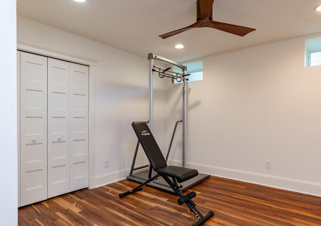 1043 Lincoln Ave, Saint Paul, MN 55105 - exercise area with recessed lighting, ceiling fan, dark wood-style flooring, and baseboards