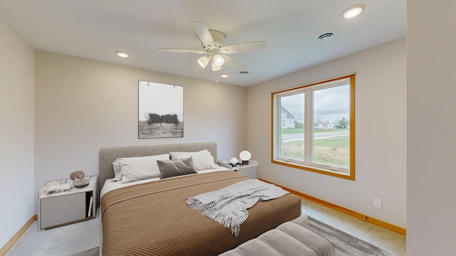 400 Alfred Ct SW, Eyota, MN 55934 - bedroom featuring light carpet, baseboards, ceiling fan, and recessed lighting