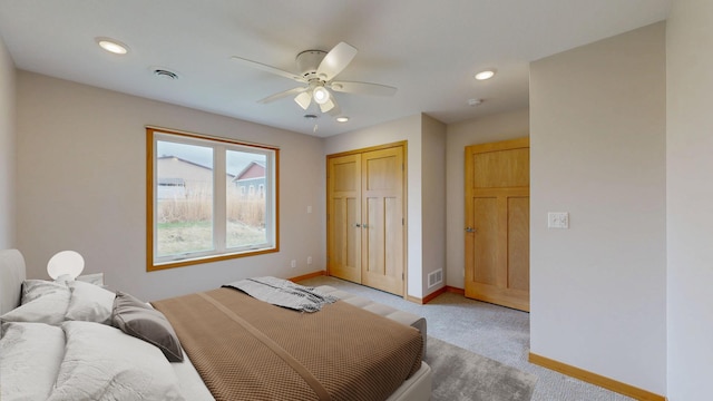 400 Alfred Ct SW, Eyota, MN 55934 - bedroom with baseboards, light carpet, recessed lighting, a ceiling fan, and a closet