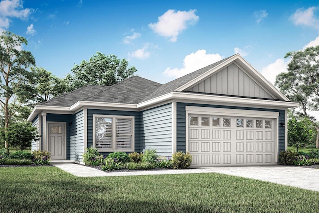 683 Aspen Ln, Montrose, MN 55363 - ranch-style home featuring board and batten siding, a front lawn, concrete driveway, an attached garage, and a shingled roof
