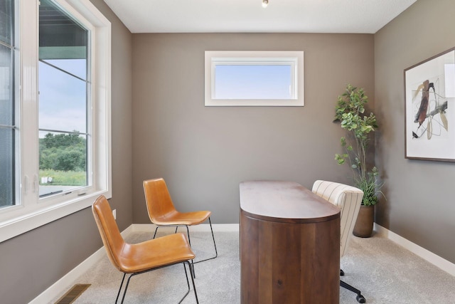 carpeted home office featuring baseboards, visible vents, and a wealth of natural light