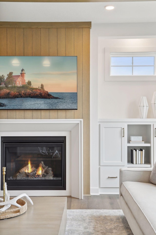 details featuring recessed lighting, a glass covered fireplace, and wood finished floors