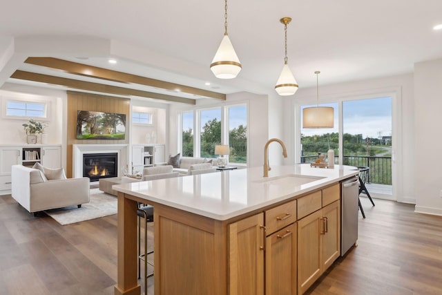 kitchen featuring light countertops, stainless steel dishwasher, a sink, and dark wood-type flooring