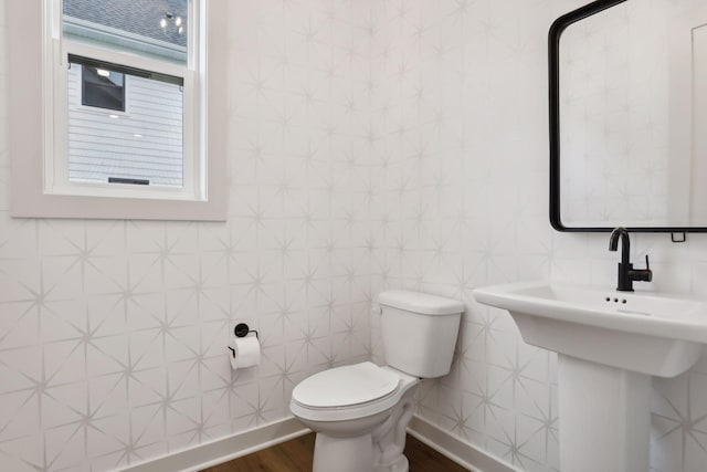 bathroom featuring wood finished floors, toilet, and tile walls