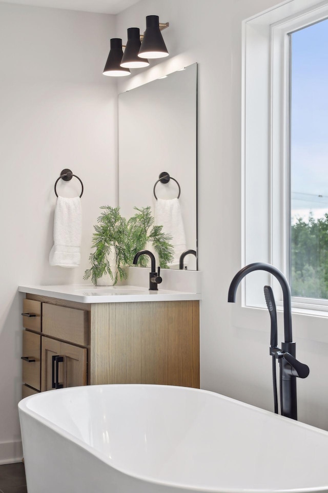 bathroom featuring vanity, a wealth of natural light, and a soaking tub