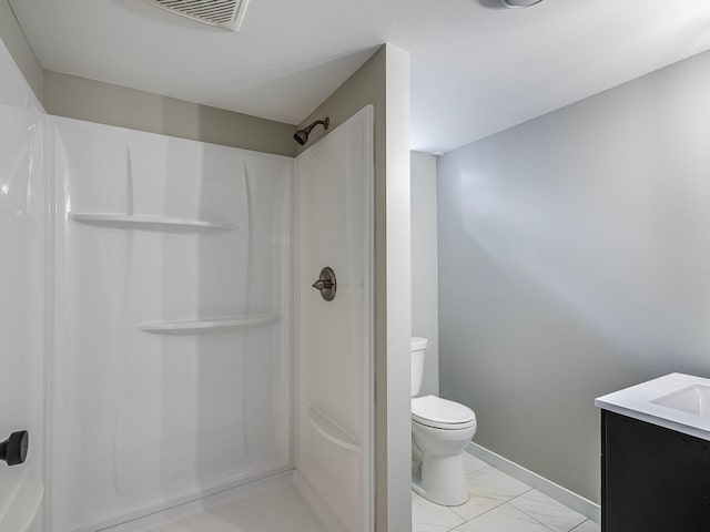 full bathroom with visible vents, walk in shower, vanity, toilet, and marble finish floor