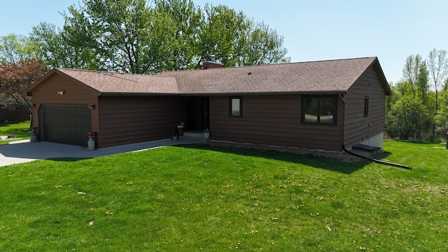 46236 186th Avenue Ct, Zumbrota, MN 55992 - ranch-style house featuring a front lawn, a garage, driveway, roof with shingles, and a chimney