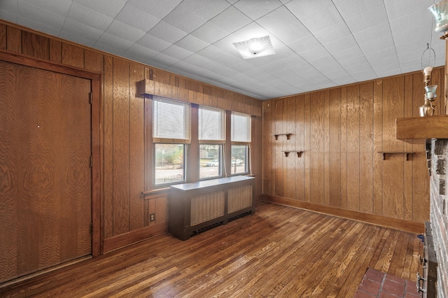 empty room with wooden walls, baseboards, and wood-type flooring