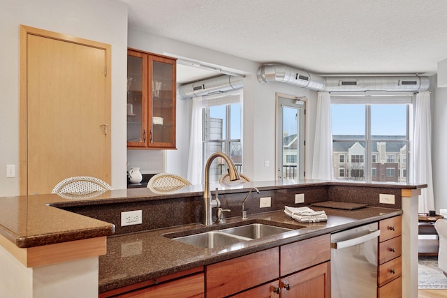 3640 Wooddale Ave S Unit 317, Saint Louis Park, MN 55416 - kitchen with dishwasher, a sink, dark stone counters, and healthy amount of natural light