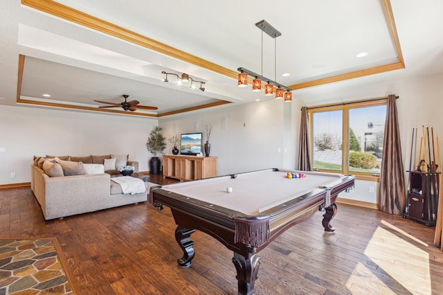playroom featuring a ceiling fan, pool table, dark wood-style floors, and a raised ceiling
