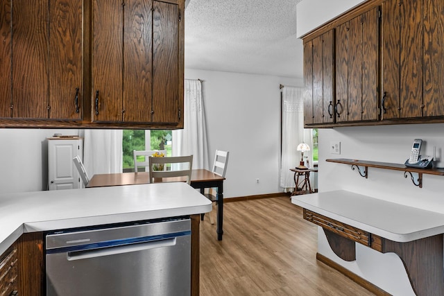 216 Richard Ave SE, Isanti, MN 55040 - kitchen featuring stainless steel dishwasher, light wood-type flooring, open shelves, dark brown cabinets, and light countertops