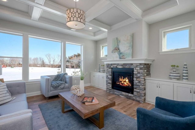 3175 Winfield Way SW, Prior Lake, MN 55372 - living area with a stone fireplace, a wealth of natural light, and coffered ceiling