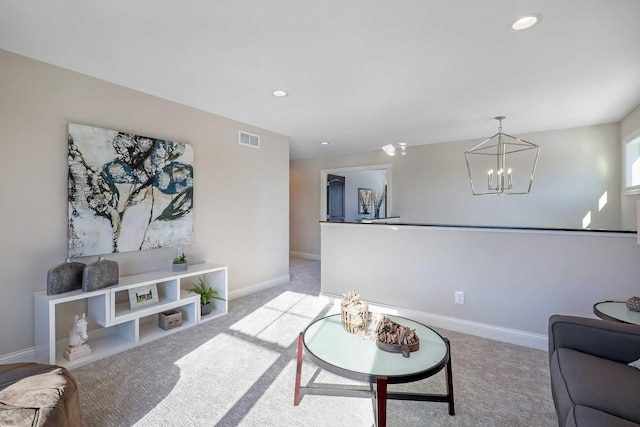 3175 Winfield Way SW, Prior Lake, MN 55372 - carpeted living room featuring recessed lighting, a notable chandelier, visible vents, and baseboards