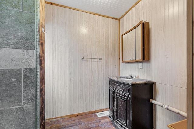 107 6th Ave SE, Waseca, MN 56093 - bathroom featuring wooden walls, vanity, wood finished floors, and visible vents